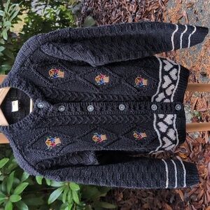 Vintage Embroidered Heart Black Knit Cardigan with Details